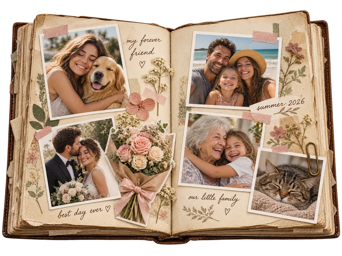 An open scrapbook decorated with photo stickers and handwritten notes